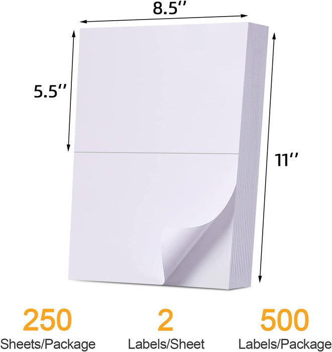 Print It 2 Per Sheet White Labels, 5.5" x 8.5", 8.5" x 11" Sheets,  Avery® 5126 & 8168 Compatible, 250 Sheets (500 Labels)