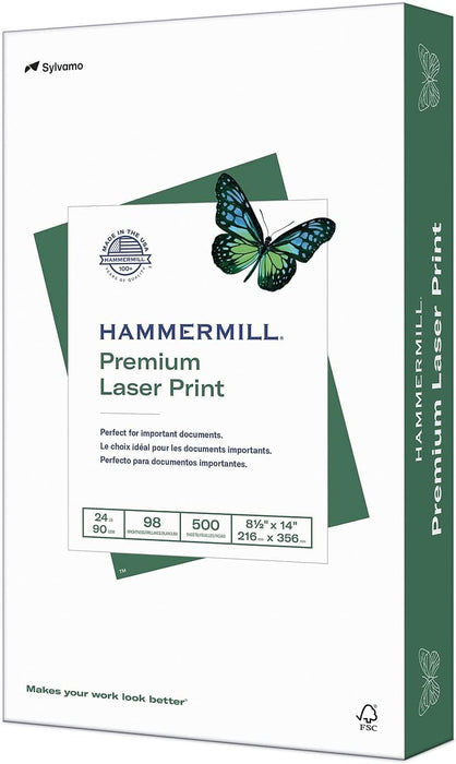 Hammermill Premium Laser Print Paper, 8.5" x 14", 24 lb, 98 Brightness, 500 Sheets/Ream (HAM104612)