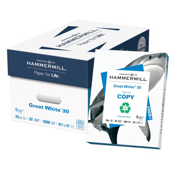 Hammermill Great White 30% Recycled 8.5" x 11" Copy Paper, 20 lb, 92 Brightness, White, 500 Sheets/Ream, 10 Reams/Cartons (86700)