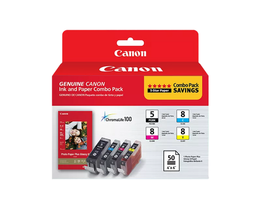 Canon Genuine PGI-5/CLI-8 Black, Cyan, Magenta & Yellow 4 Ink Combo Pack with Photo Paper Glossy (50 Sheets, 4x6) (0628B027)