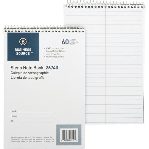 Business Source Steno Notebook, 6" x 9", 60 White Sheets, Gregg Ruled, Wirebound (BSN26740)