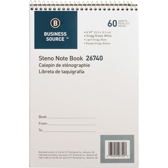 Business Source Steno Notebook, 6" x 9", 60 White Sheets, Gregg Ruled, Wirebound (BSN26740)