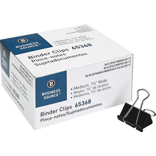 Business Source Binder Clips, Medium, 1-1/4" Width, Black, 36/Box (BSN65368)