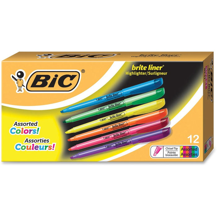 BIC Brite Liner Highlighters, Chisel Tip, Assorted Colors, 12/Pack (BICBL11AST)