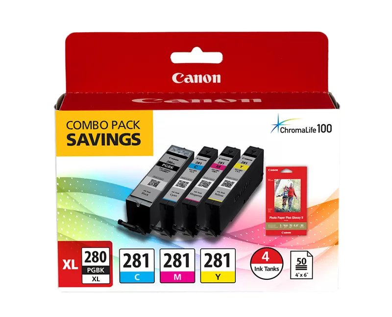 Canon Genuine PGI-280 XL / CLI-281 Combo Ink Pack with Glossy Photo Paper (50 Sheets, 4 in. x 6 in.) (2021C006)