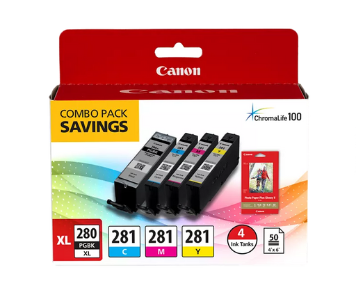 Canon Genuine PGI-280 XL / CLI-281 Combo Ink Pack with Glossy Photo Paper (50 Sheets, 4 in. x 6 in.) (2021C006)