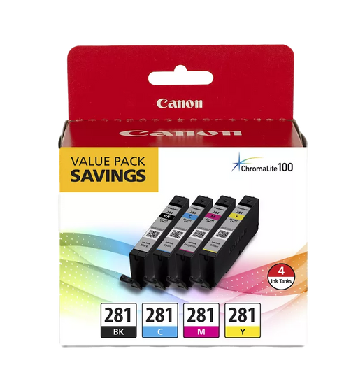Canon Genuine CLI-281 Black, Cyan, Magenta & Yellow 4 Ink Pack (2091C005)