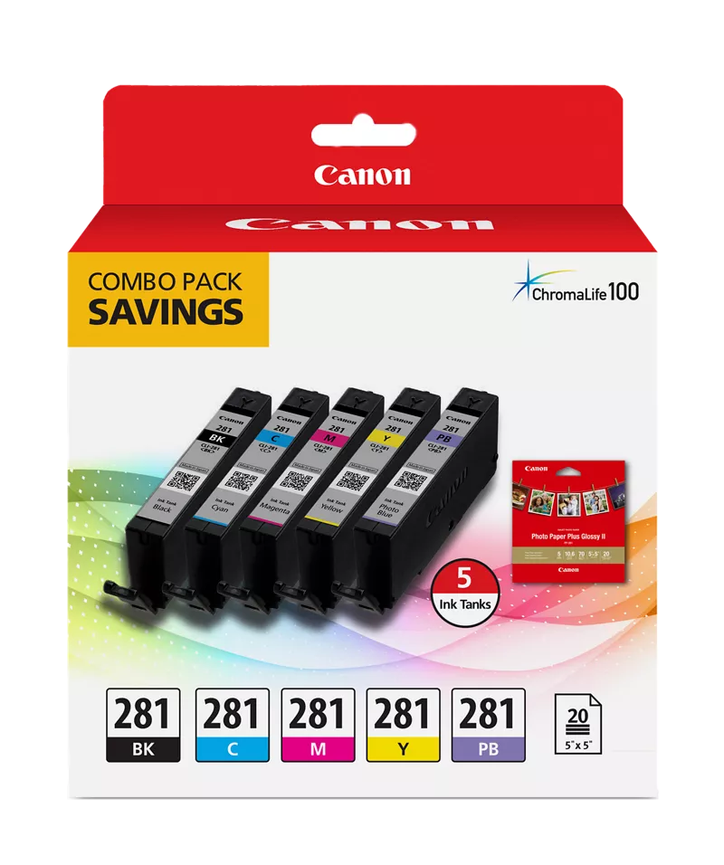 Canon Genuine CLI-281 Combo Ink Pack with Glossy Photo Paper (20 Sheets, 5 in. x 5 in.) (2091C006)