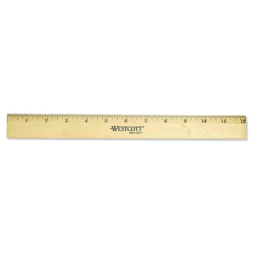 Westcott Beveled Metal Edge Wood Ruler, 12" x 1", Natural Wood