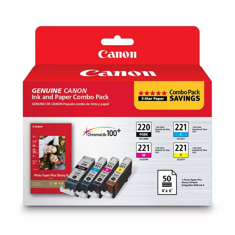 Canon Genuine PGI-220/CLI-221 Combo Ink Pack with Photo Paper Plus Glossy II (50 Sheets, 4 in. x 6 in.) (2945B011)