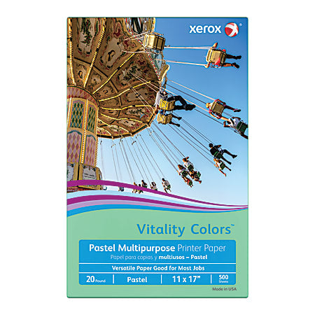 Xerox Vitality Colors Pastel Multipurpose Printer Paper, 11" x 17", Green, 20 lb, 30% Recycled, 500 Sheets/Ream (3R20092)