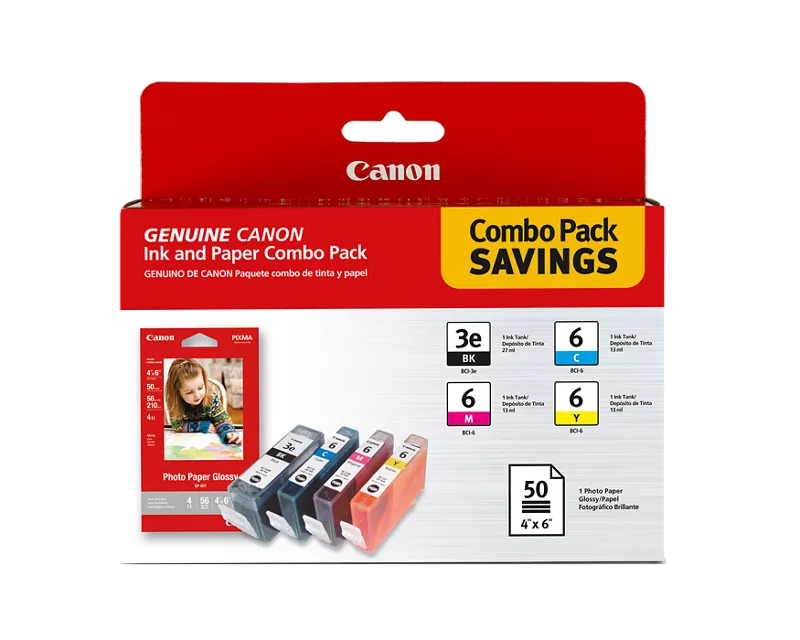 Canon Genuine BCI-3e6 Ink Combo Pack with Photo Paper Glossy (50 Sheets, 4 in. x 6 in.) (4479A292)