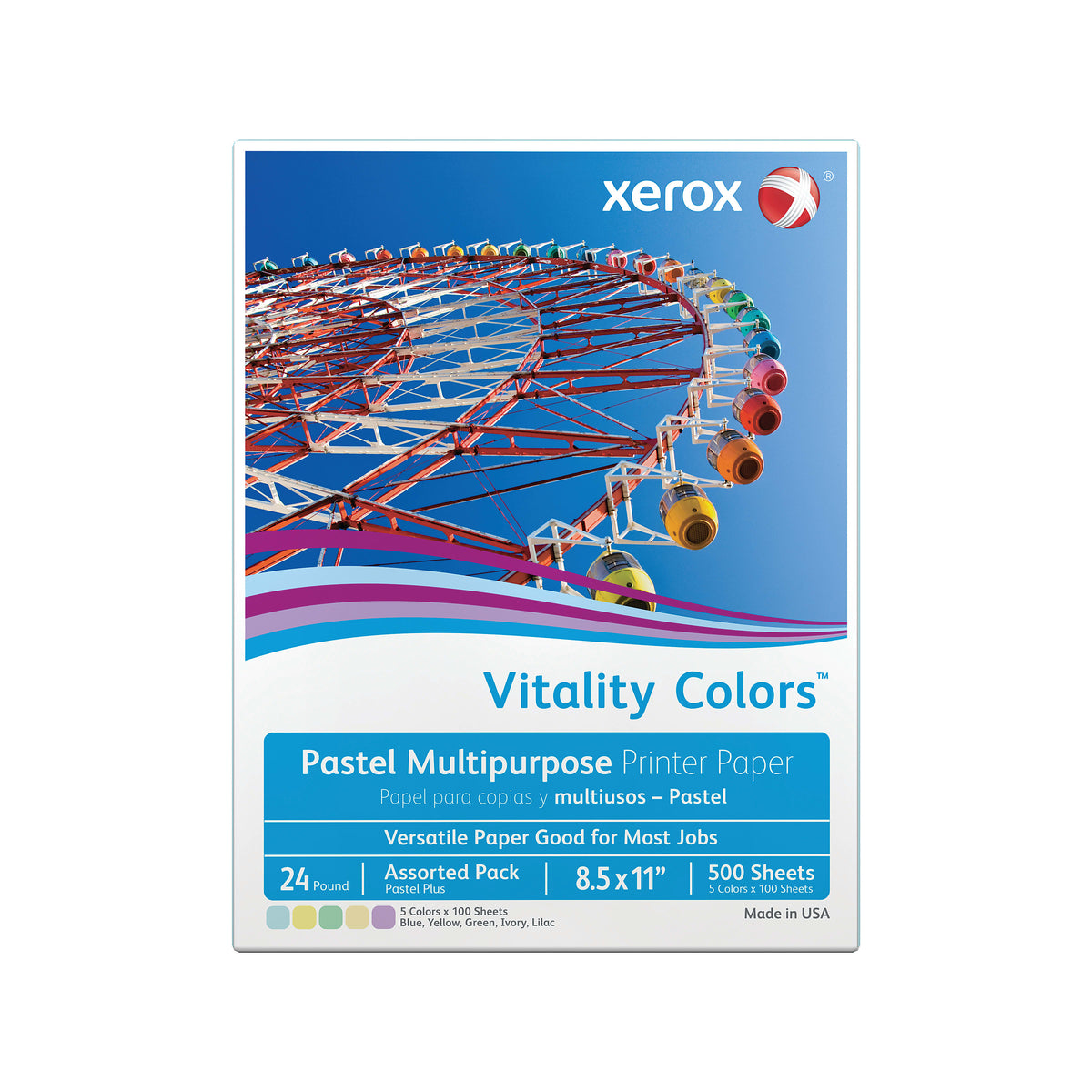 Xerox, Vitality Colors Pastel Multipurpose Printer Paper, 8.5" x 11", Assorted Pastels (Blue/Green/Yellow/Ivory/Lilac), 500 Sheets/Ream, (3R11533)