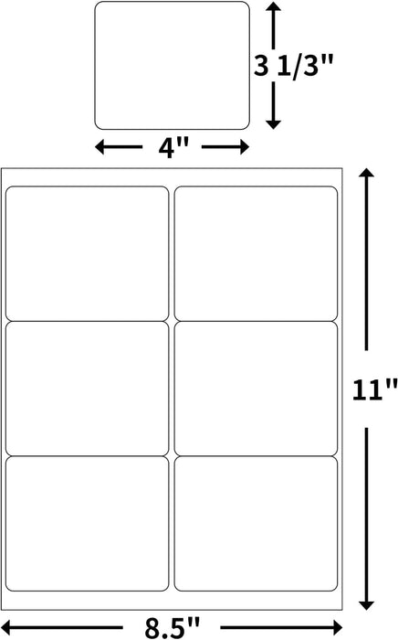 Print It 6 Per Sheet White Labels – 3-1/3" x 4" – 8.5" x 11" Sheets – Avery® 5164 & 8164 Compatible – 250 Sheets (1,500 Labels)