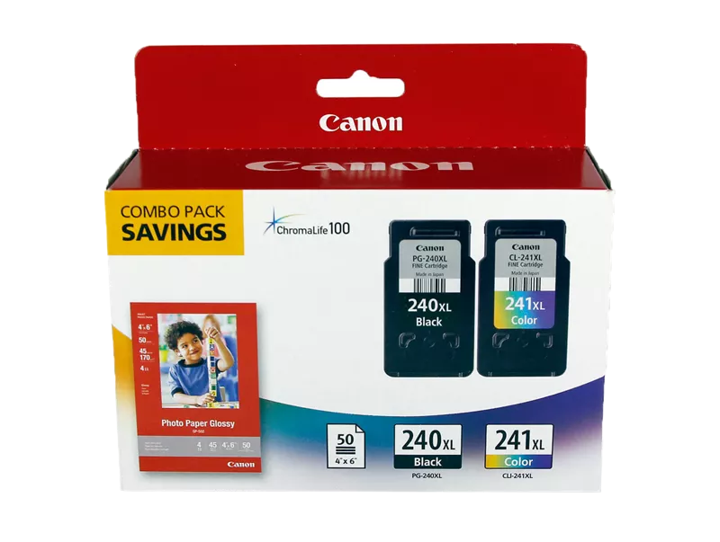 Canon Genuine PG-240/CL-241 XL Combo Ink Pack with Photo Paper Glossy (50 Sheets 4x6) (5206B005)