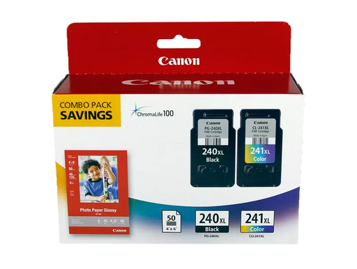 Canon Genuine PG-240/CL-241 XL Combo Ink Pack with Photo Paper Glossy (50 Sheets 4x6) (5206B005)