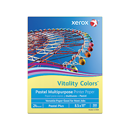 Xerox Vitality Colors Pastel Multipurpose Printer Paper, 8.5" x 11", Yellow, 24 lb, 500 Sheets/Ream (3R11524)