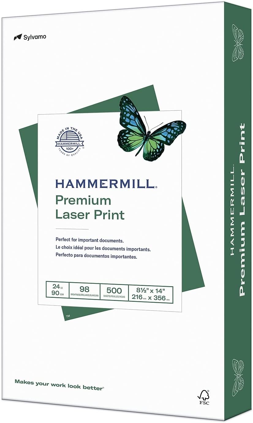 Hammermill Premium Laser Print Paper, 8.5" x 14", 24 lb, 98 Brightness, 500 Sheets/Ream (HAM104612)