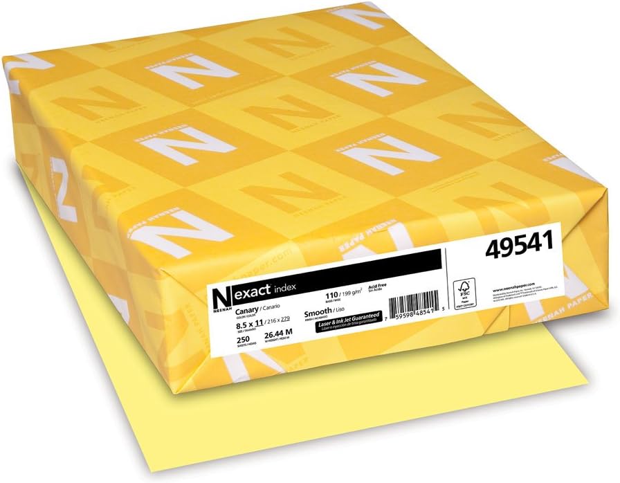 Exact Index Cover, 110 lb., 8.5" x 11", Canary, Smooth Finish, 250 Sheets/Ream (49541)