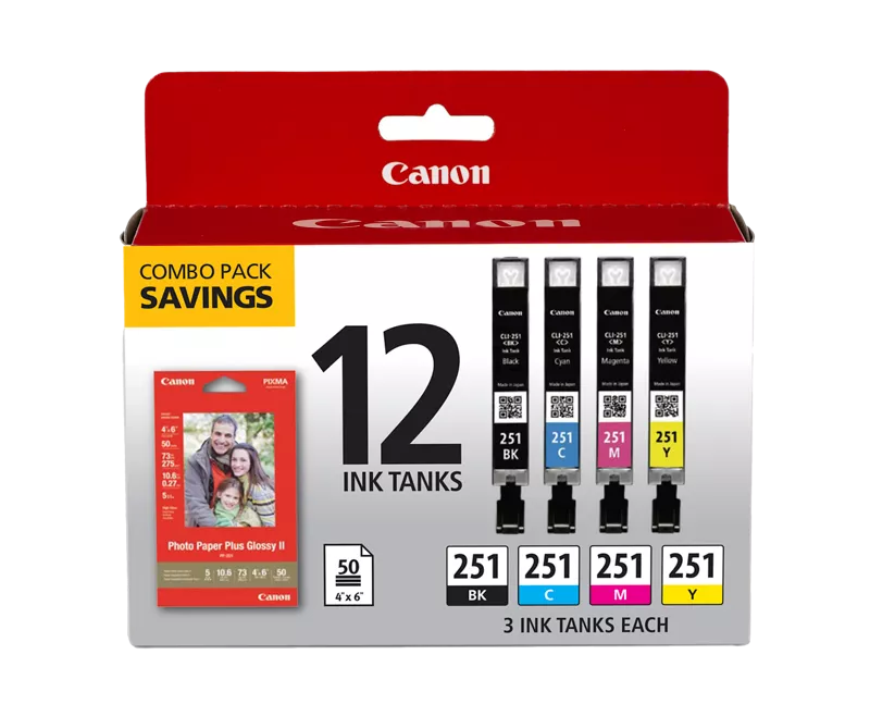 Canon Genuine CLI-251 Black, Cyan, Magenta, & Yellow Combo Ink Pack with Photo Paper Plus Glossy II (50 Sheets, 4 in. x 6 in.) (6513B010)