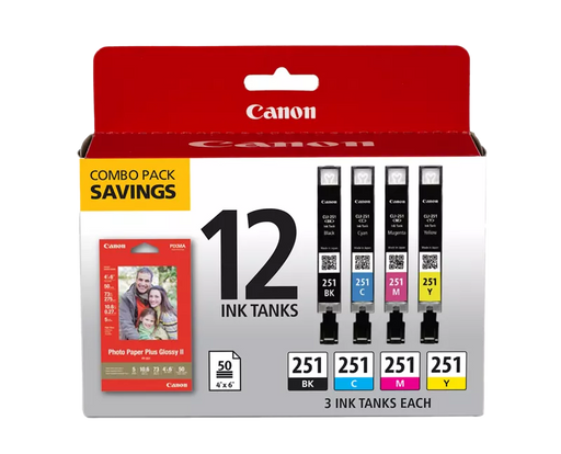 Canon Genuine CLI-251 Black, Cyan, Magenta, & Yellow Combo Ink Pack with Photo Paper Plus Glossy II (50 Sheets, 4 in. x 6 in.) (6513B010)