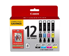 Canon Genuine CLI-251 Black, Cyan, Magenta, & Yellow Combo Ink Pack with Photo Paper Plus Glossy II (50 Sheets, 4 in. x 6 in.) (6513B010)