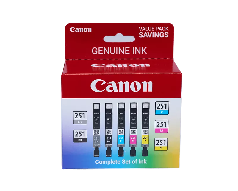 Canon Genuine CLI-251 Gray, Black, Cyan, Magenta & Yellow 5 Ink Pack (6513B011)