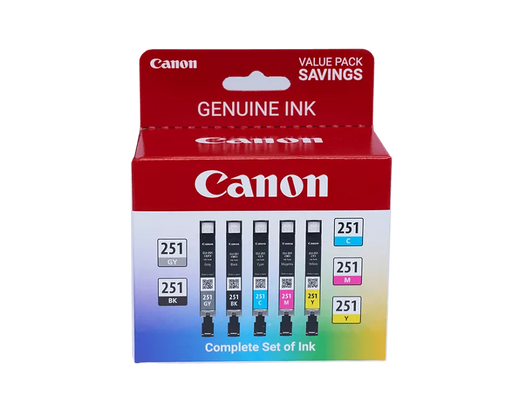 Canon Genuine CLI-251 Gray, Black, Cyan, Magenta & Yellow 5 Ink Pack (6513B011)