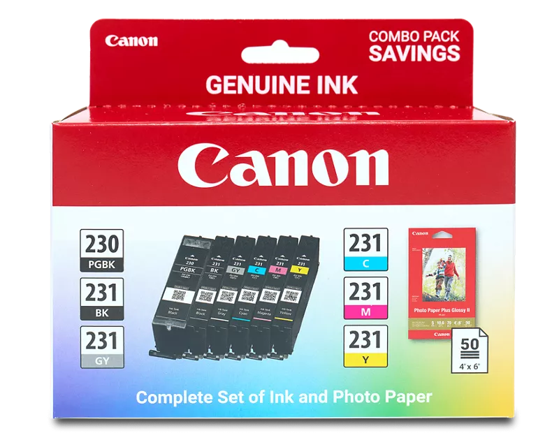 Canon Genuine PGI-230/CLI-231 Combo Ink Pack with Photo Paper Glossy (50 Sheets, 4x6) (6673C005)