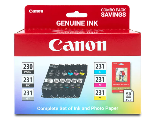 Canon Genuine PGI-230/CLI-231 Combo Ink Pack with Photo Paper Glossy (50 Sheets, 4x6) (6673C005)