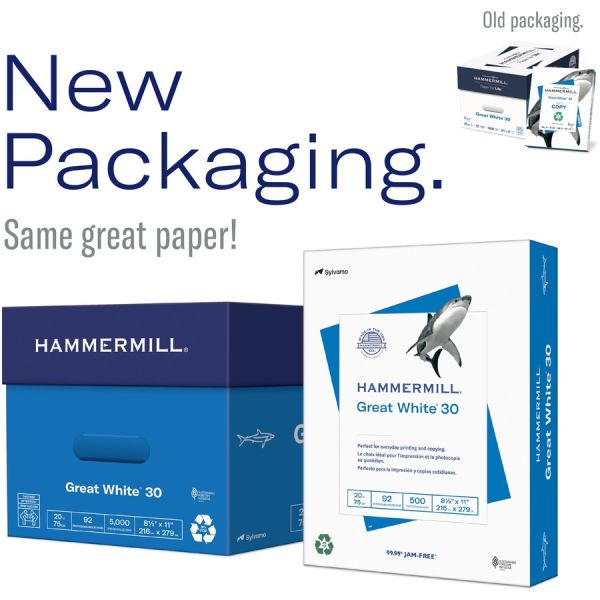 Hammermill Great White 30% Recycled 8.5" x 11" Copy Paper, 20 lb, 92 Brightness, White, 500 Sheets/Ream, 10 Reams/Cartons (86700)