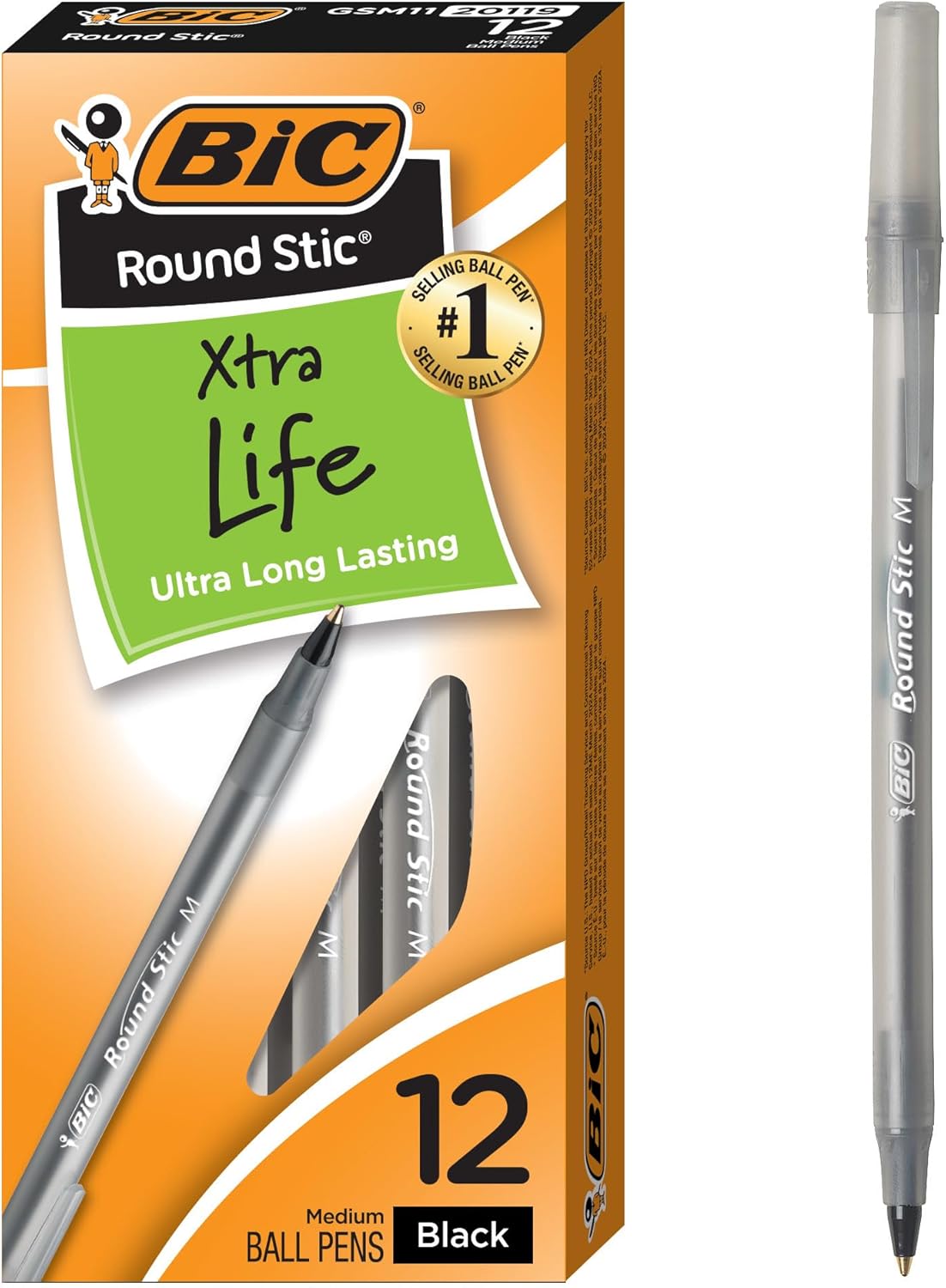 BIC Glide Stic Ballpoint Pen, Medium Point 1.0mm, Black Ink, Retractable, Dozen Box (BICGSM11BK)