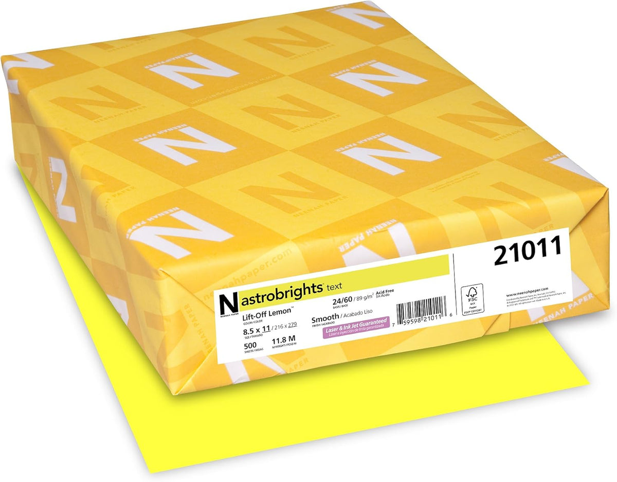 Astrobrights Colored Paper, 24 lbs., 8.5" x 11", Lift-Off Lemon™, 500 Sheets/Ream (21011)