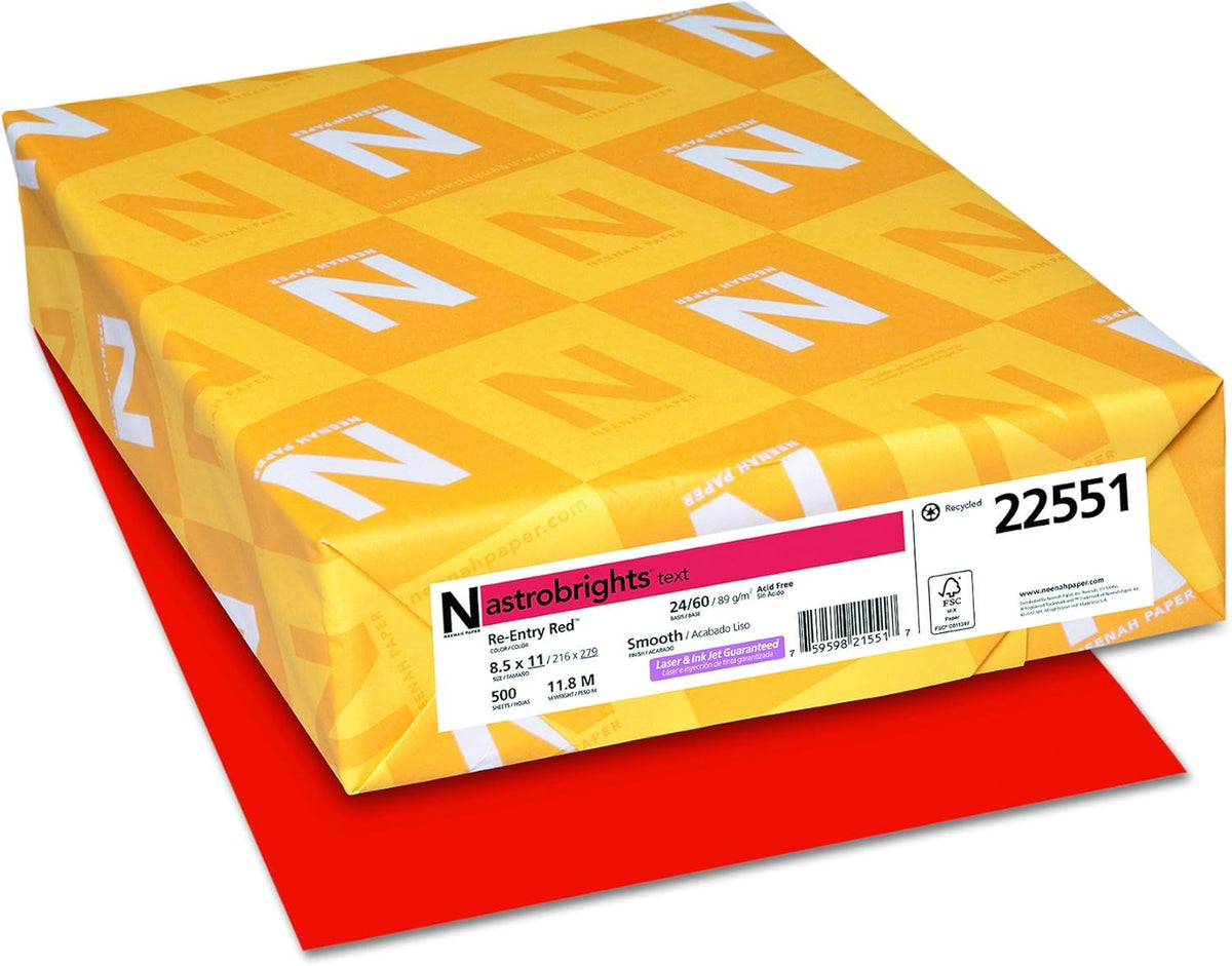 Astrobrights Colored Paper, 24 lbs., 8.5" x 11", Re-Entry Red™, 500 Sheets/Ream (22551)
