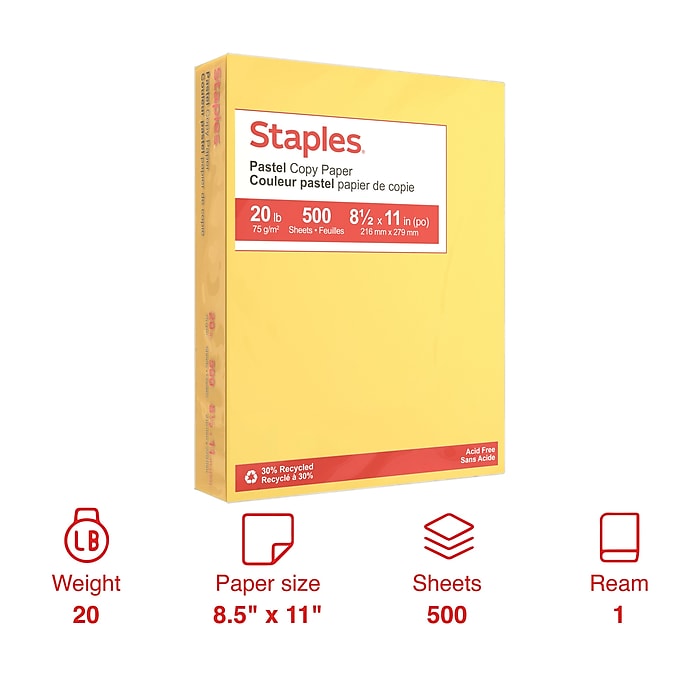Staples Pastel 30% Recycled Color Copy Paper, 20 lbs., 8.5" x 11", Canary, 500/Ream, 10 Reams/Case (14787)