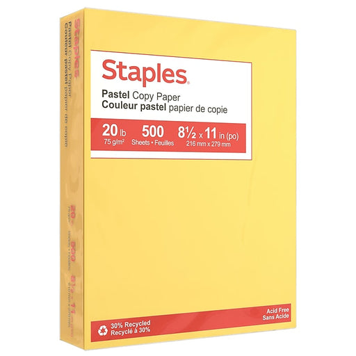 Box of Staples pastel copy paper with yellow and red design