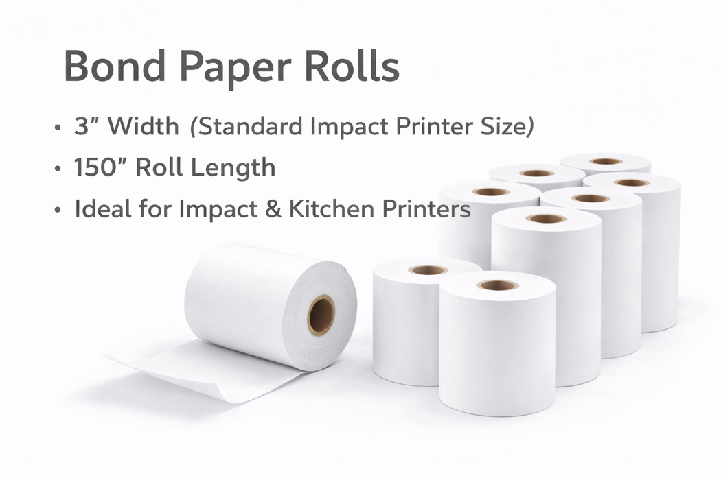 Bond Paper POS Roll, 3" x 150', White, 50 Rolls/Case (B300-150)
