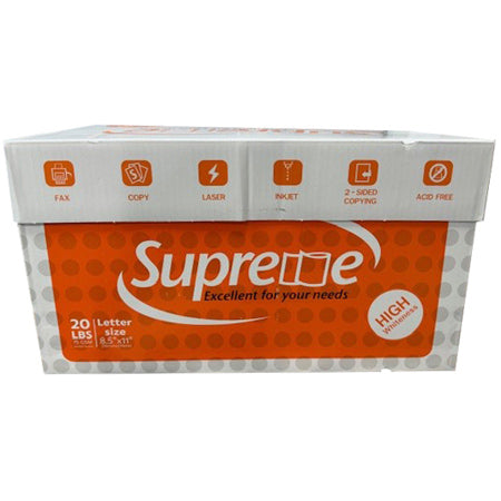 SUPREME COPY PAPER, 20 LB, HIGH WHITENESS, 8.5 X 11, WHITE 5000 SHEETS