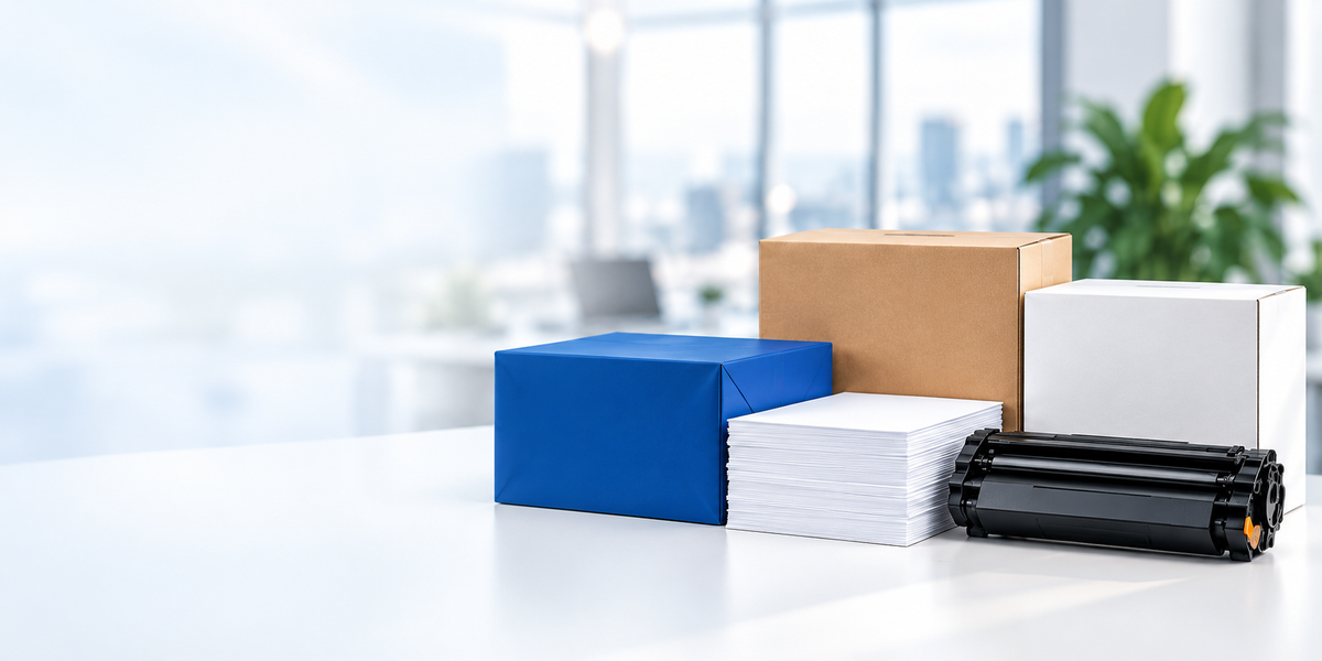 Paper, cardstock and printer supplies on a desk