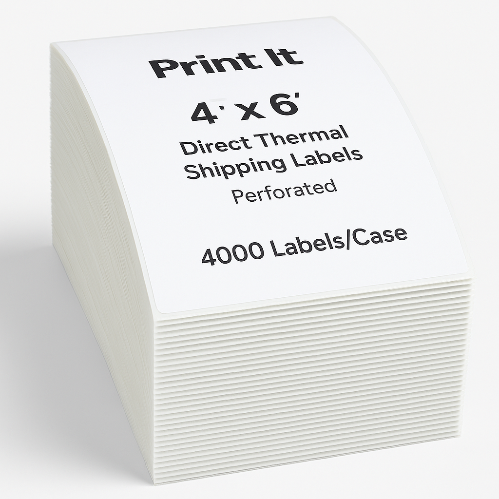 Print It Fanfold 4" x 6" Direct Thermal Shipping Labels – Perforated – 4000 Labels/Case