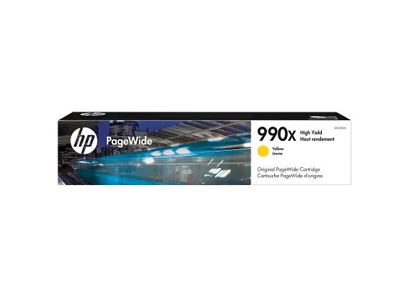 HP PageWide 990X high-yield yellow ink cartridge packaging on a white background
